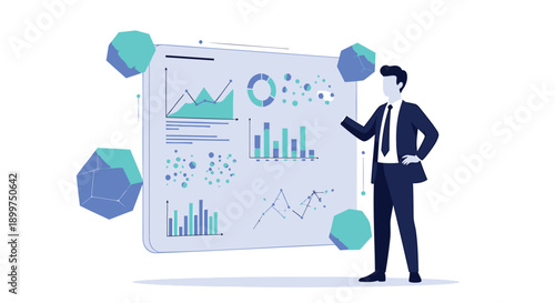 Vector illustration of businessman presenting infographic on large screen with graphs and charts, for presentation or website, Isolated on transparent background, png