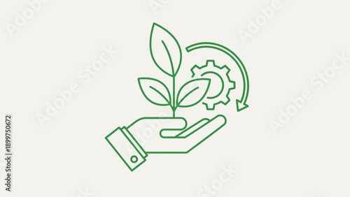 Hand holding plant sprout with cyclic gear process icon