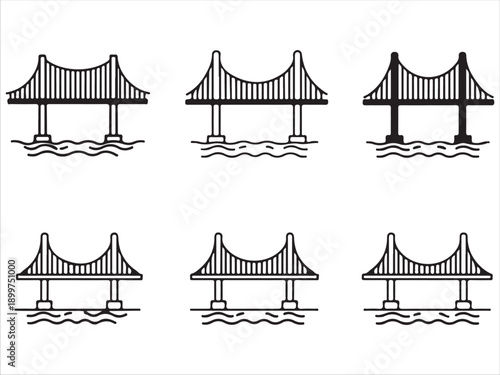 Six Different Suspension Bridge Design Variations Over Water Illustration