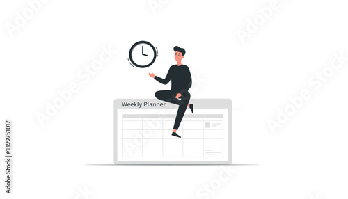 Vector illustration of businessman sitting on weekly planner with clock, for time management or organization concept, Isolated on transparent background, png