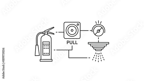 Line icons depicting fire safety and emergency system