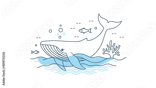 Minimalist whale with fish and coral in blue ocean