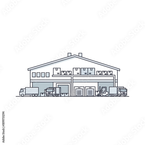 Modern warehouse building with delivery trucks and forklift