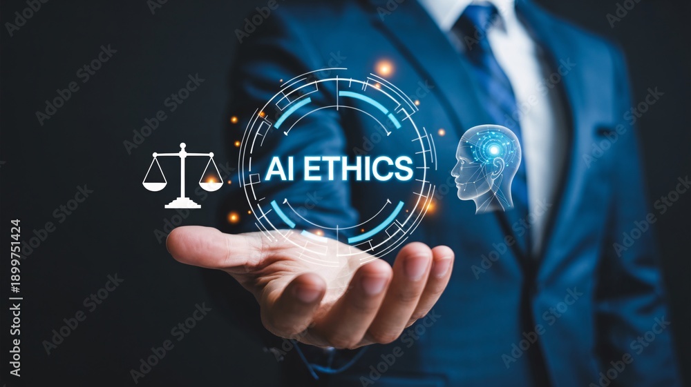 Fototapeta premium Businessman holding digital scales and ai ethics concept with futuristic interface