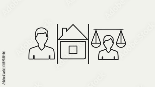 Person, house, justice scale line art icons