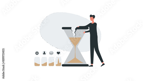 Vector illustration of a businessman turning an hourglass, surrounded by graphs and charts, for presentation or website, Isolated on transparent background, png