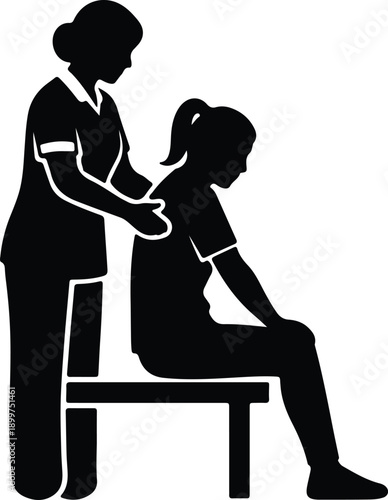 Silhouette medical professional giving massage or physical therapy to a sitting patient illustration vector