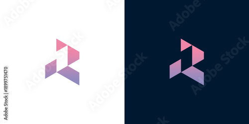 Modern abstract geometric logo design featuring a dynamic gradient of pink, purple, and blue, resembling the letter R or number 1 for versatile branding