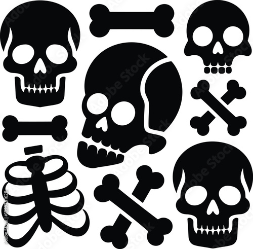 Skull and bones silhouette collection, skeleton heads ribs crossbones, spooky halloween danger gothic pirate vector illustration black white