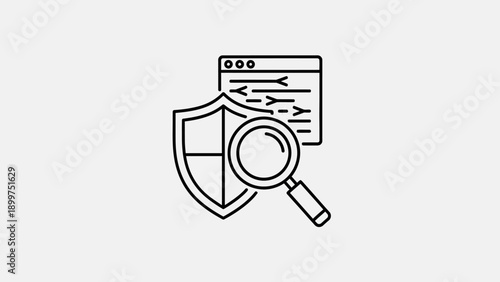Security code scanning icon with shield and magnifying glass