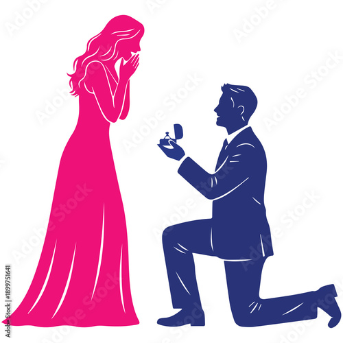Man kneeling down proposing to woman with engagement ring silhouette illustration