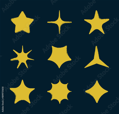 Hand drawn yellow star shapes in a playful crayon style. Cute doodle stars with rough textured edges arranged as a sticker collage on a dark background. Decorative star icons for kids illustration