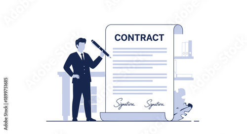 Businessman signing contract, agreement or document, vector illustration for marketing, presentation or website, Isolated on transparent background, png