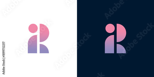 Creative and modern logo design for a business, featuring abstract letter R symbol with a gradient of pink and purple against white and dark blue backgrounds