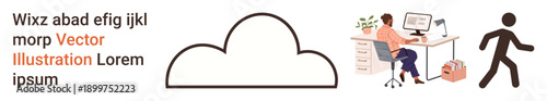 Cloud storage, remote work, document security, mobility, workflow, productivity. A person working at a desk and a walking figure near a cloud shape. Cloud storage and remote work