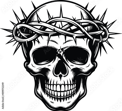 Black white skull with crown of thorns illustration gothic christian religious vector art isolated tattoo engraving style