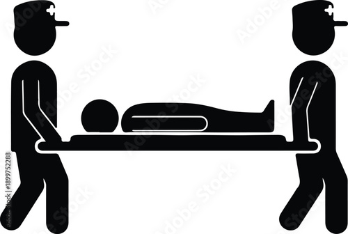 Silhouette paramedics carrying injured patient on a stretcher for emergency medical transport illustration vector