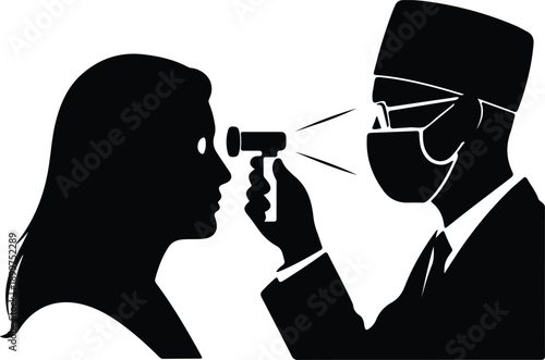 Silhouette ophthalmologist doctor examining female patient eye with ophthalmoscope illustration vector