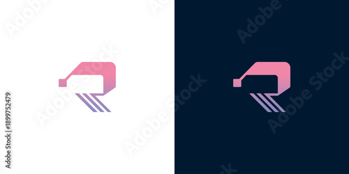 Abstract R letter logo design with pink and blue gradient and parallel lines on white and dark backgrounds