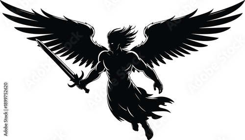 Angel warrior silhouette with sword and wings, dark fantasy guardian figure, mythical archangel illustration, black vector isolated on white background