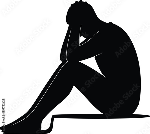 Silhouette sad depressed man sitting alone holding head in hands illustration vector