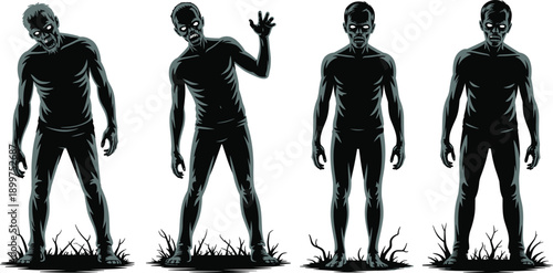 Zombie character poses set, undead monster standing variations, horror illustration collection, creepy walking zombies, isolated dark figures on white background