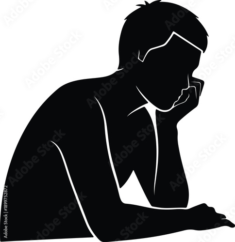 Silhouette thoughtful young man resting chin on hand contemplating deep thoughts illustration vector