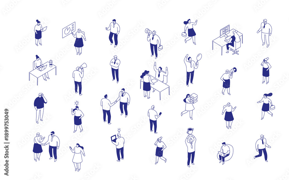 Fototapeta premium Isometric business people vector set with workers at desks, presentations, brainstorming, and teamwork. Modern flat line illustrations for workplace, startup, and office projects.
