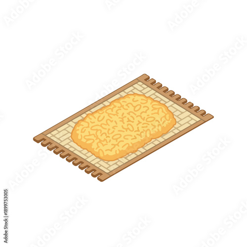 Isometric view of a golden hash brown patty on a woven bamboo mat with fringed edges, isolated on white