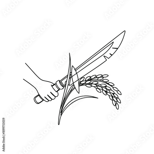 Hand holding a traditional curved knife cutting a stalk of rice, symbolizing agriculture and harvest in a simple line art style.