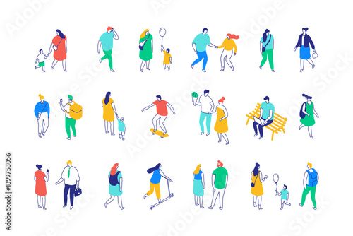 Isometric vector illustration of people in everyday city life. Families, couples, kids and individuals walking, relaxing, skateboarding, spending leisure time outdoors.