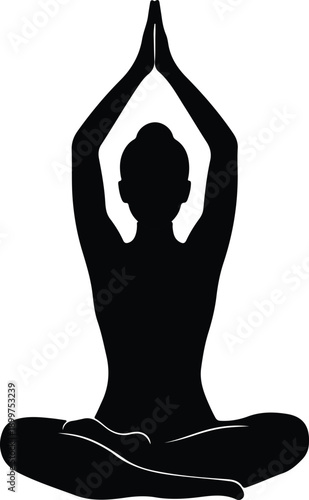 Silhouette woman meditating in easy yoga pose with hands raised illustration vector