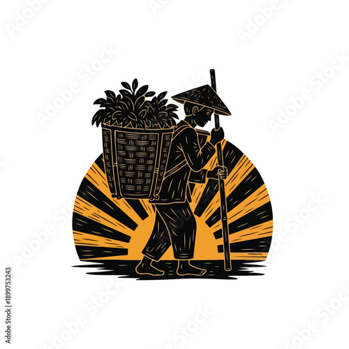 Farmer carrying basket of plants on back with conical hat and walking stick against rising sun graphic