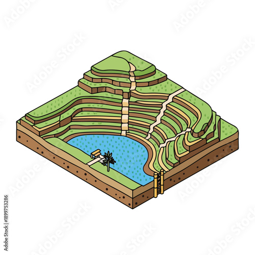 Cross-section illustration of agricultural terracing and water management system with irrigation
