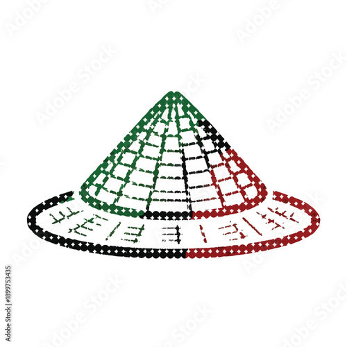 Stylized Asian conical hat icon in green, black, and red, representing traditional culture, agriculture, and travel in East Asia, a versatile graphic element.