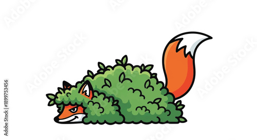 Sneaky Fox Hiding in Green Bush with Expressive Eyes, Concept of Secret or Watching, Vector Animal Character