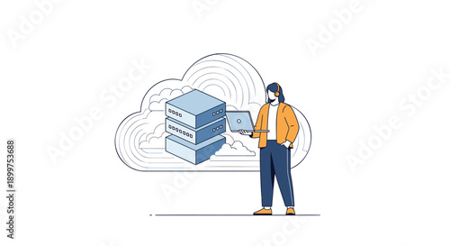 Vector illustration of a man with a laptop next to a cloud server, for website or app UI, isolated on transparent background, png