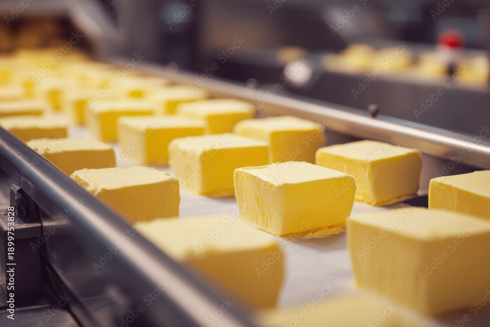 Fototapeta premium Butter Cubes on Industrial Conveyor