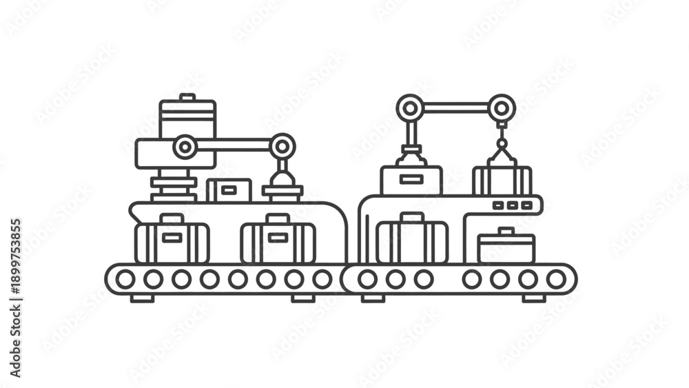 Naklejka premium Automated baggage handling system with robot arms on conveyor belt
