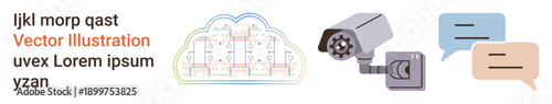 Data security, surveillance, communication, technology, privacy, and information flow. A cloud connected to servers, a surveillance camera and speech bubbles. Data security and surveillance concept