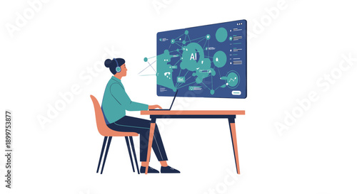 Vector illustration of a person working on a laptop with a large screen displaying a world map and data visualization, for website or presentation