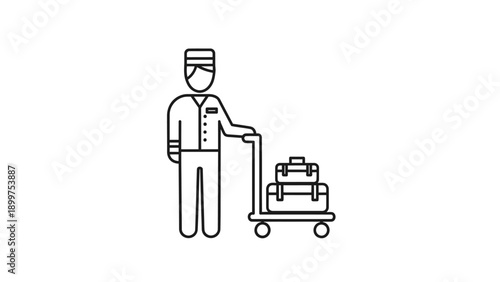 Bellhop pushing luggage cart with suitcases at hotel