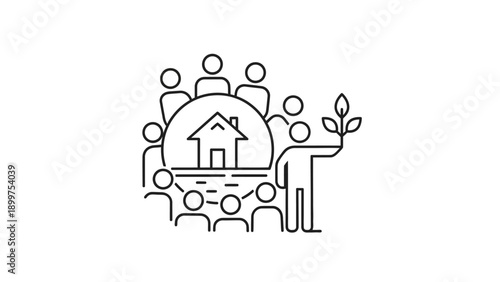 Community people around house with plant sprout icon line art