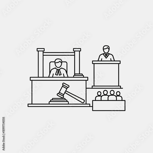 Courtroom scene with judge, gavel, speaker, and jury