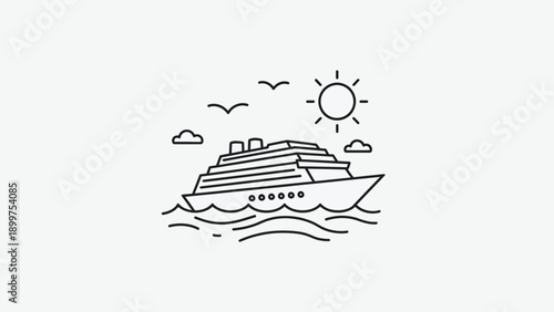 Cruise ship sailing on ocean waves under sun with birds