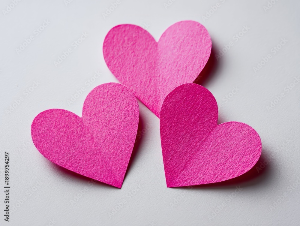 Fototapeta premium Pink paper hearts on a clean white background, symbolizing love, romance, and Valentine’s Day. Minimalist flat lay composition with copy space, perfect for greeting cards, wedding designs, romantic ma