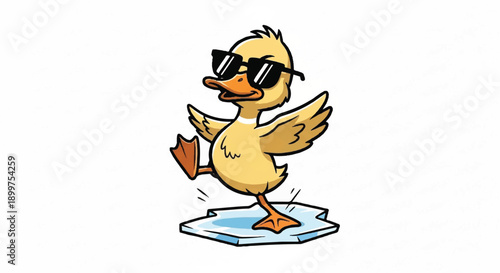 Cool Yellow Duckling Wearing Sunglasses Standing on Ice Patch, Winter Style and Confidence Concept, Vector Illustration