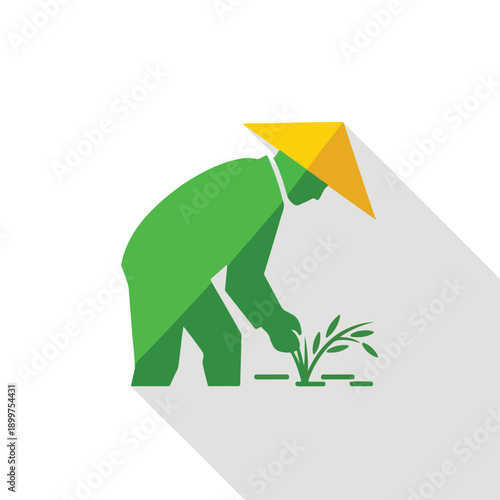 Green stylized farmer planting rice with traditional conical hat, flat design vector illustration for agriculture, food production, and Asian farming.