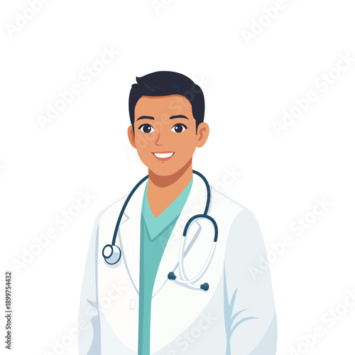 Male doctor illustration with stethoscope wearing white coat, friendly medical professional character for healthcare, hospital, clinic, medical service, and health consultation concept.