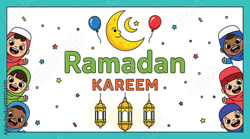 A colorful ramadan kareem banner with cartoon children
